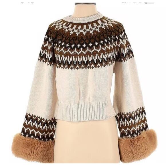 NWT ZARA Faire Isle Sweater Sz Small Cream Cropped Crewneck Brown Faux Fur Cuff - Picture 1 of 16